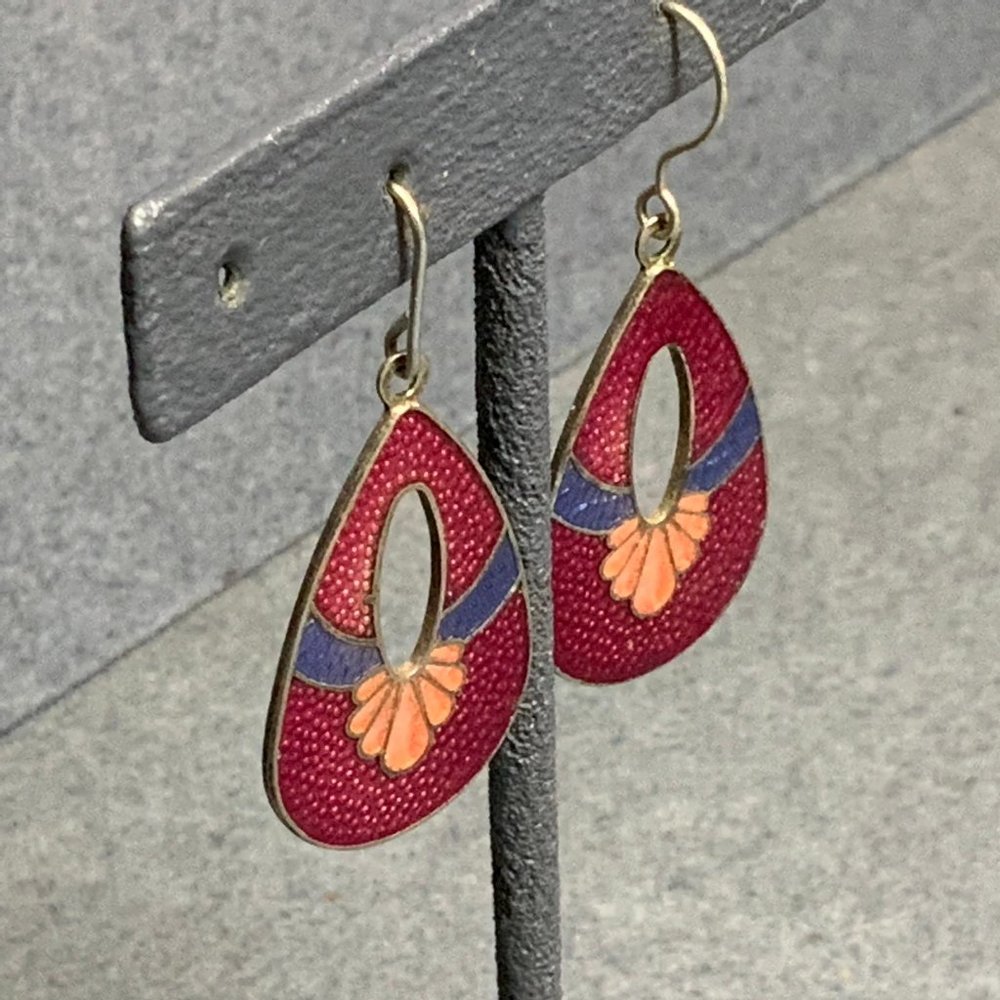 Cloisonne Dangle Pierced Earrings Teardrop Silver - Picture 3 of 5